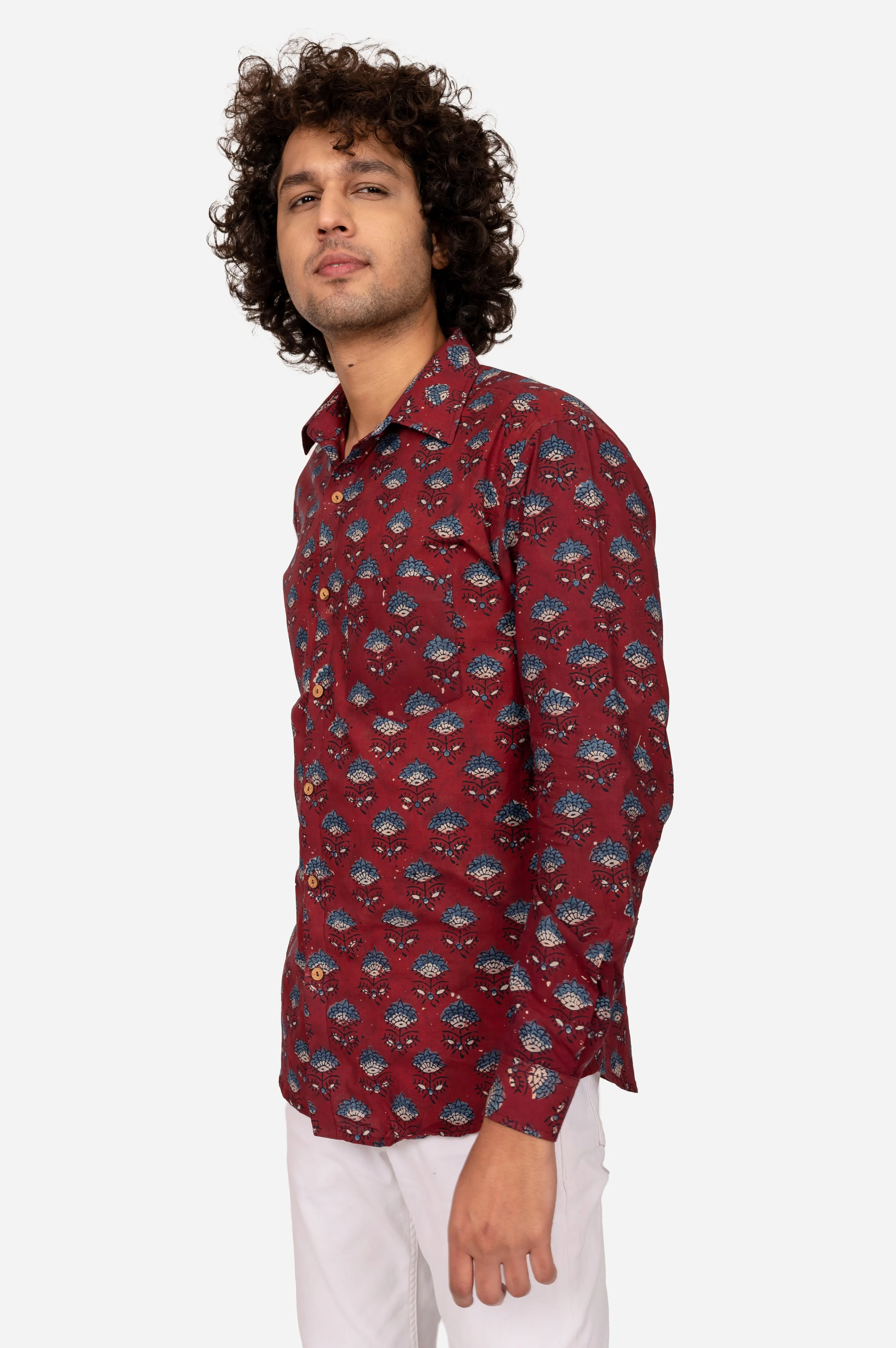MAROON AJRAKH BLOCK PRINTED COTTON SHIRT