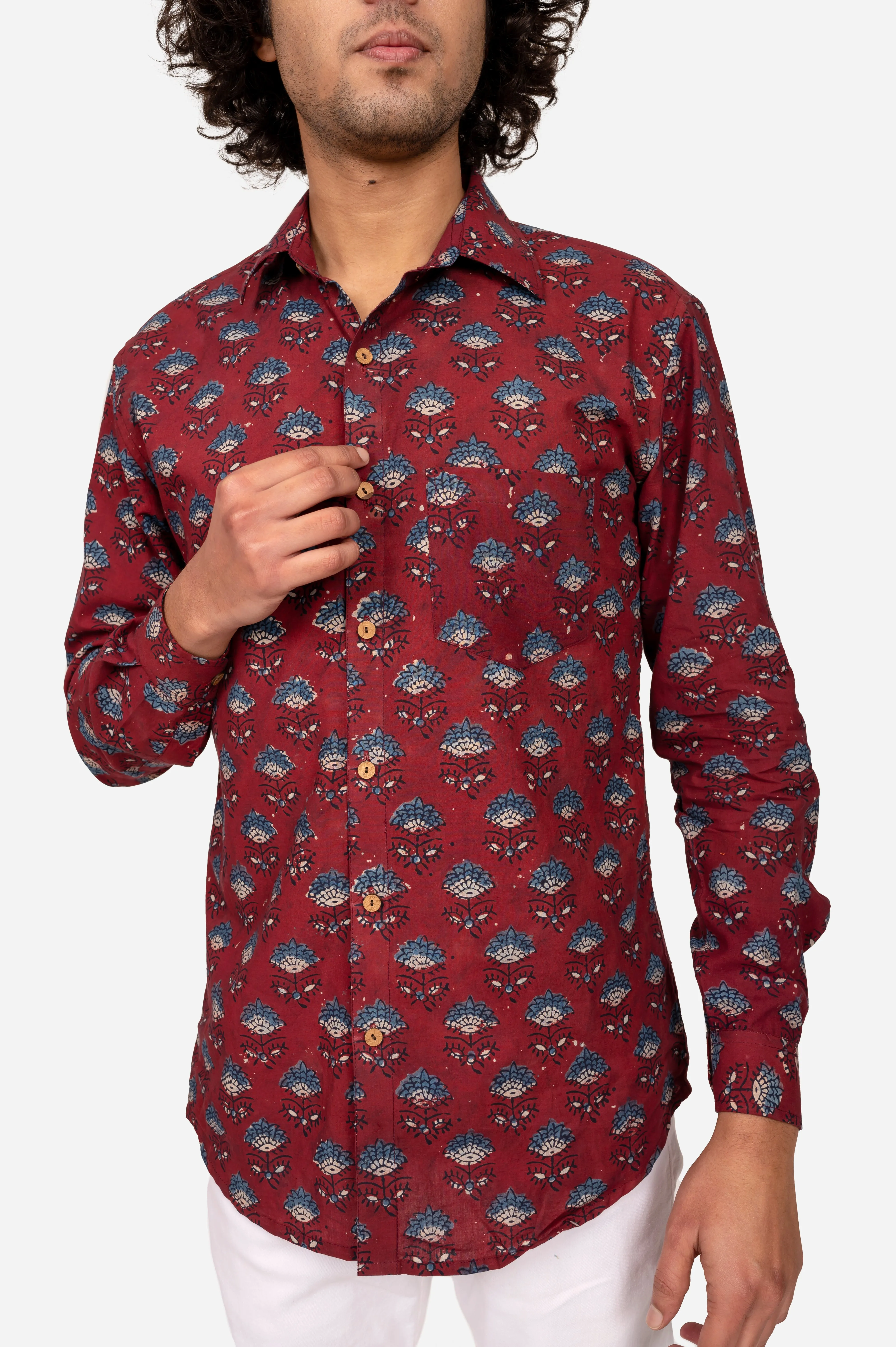 MAROON AJRAKH BLOCK PRINTED COTTON SHIRT